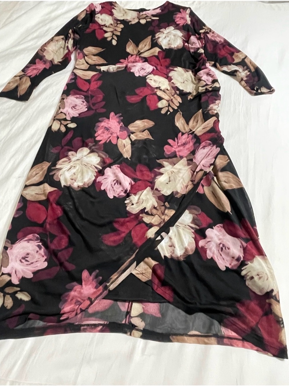 Taylor Floral Mesh Ruched Midi Dress 16W Black Pink Long Sleeve Plus - Picture 10 of 14